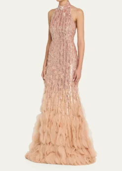 THIS ITEM IS NOT AVAILABLE.Pamella RolandDegrade Beaded Tulle Ruffle Halter Gown