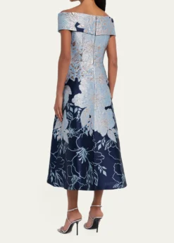 THIS ITEM IS NOT AVAILABLE.Rickie Freeman for Teri JonOff-Shoulder Metallic Jacquard Midi Dress