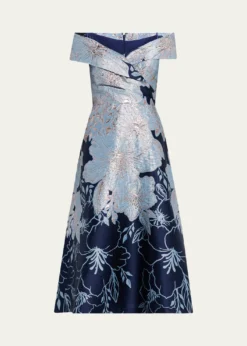 THIS ITEM IS NOT AVAILABLE.Rickie Freeman for Teri JonOff-Shoulder Metallic Jacquard Midi Dress
