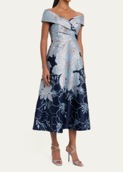 THIS ITEM IS NOT AVAILABLE.Rickie Freeman for Teri JonOff-Shoulder Metallic Jacquard Midi Dress