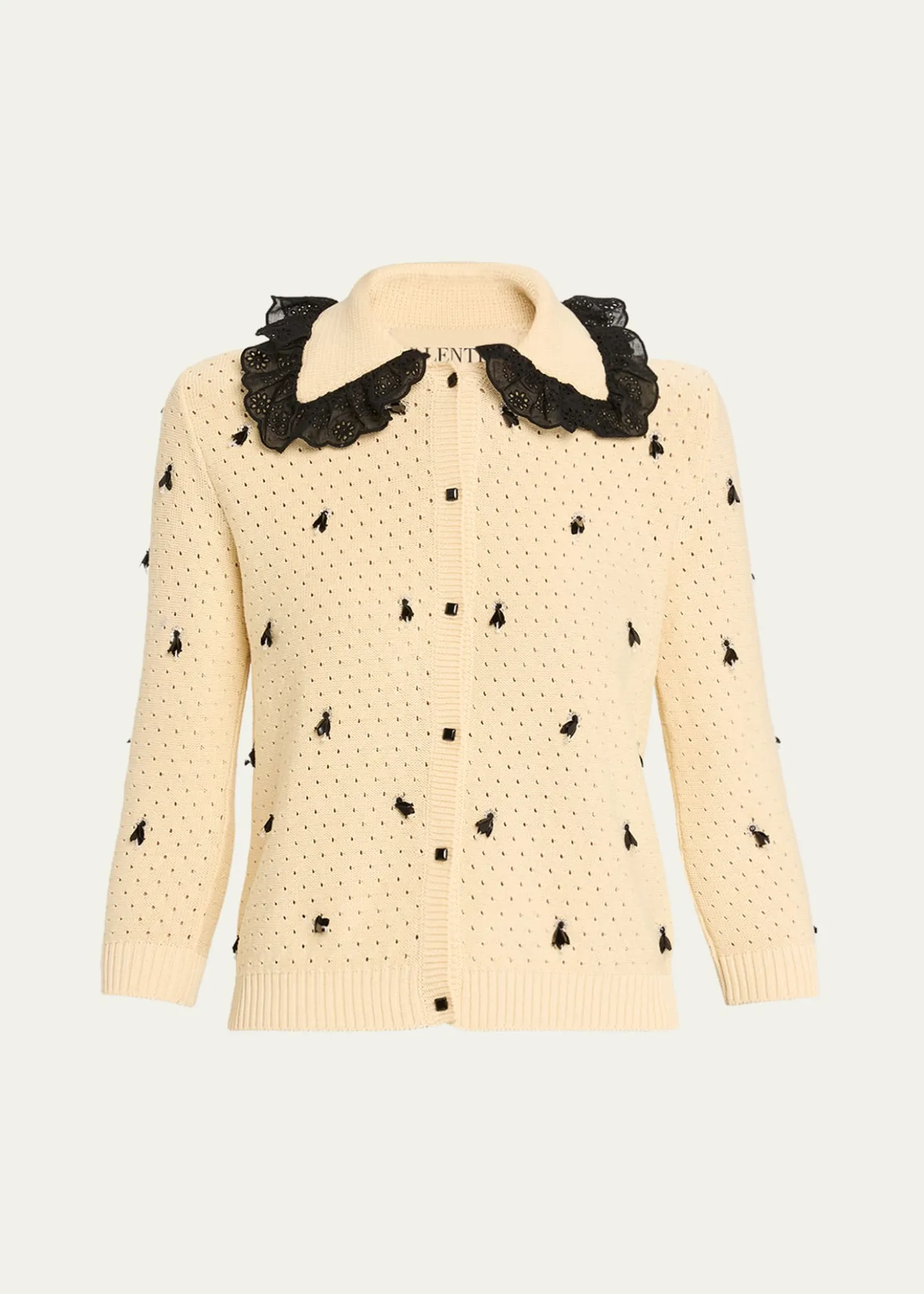 THIS ITEM IS NOT AVAILABLE.Valentino GaravaniPointelle Micro Tassel Ruffled Cardigan