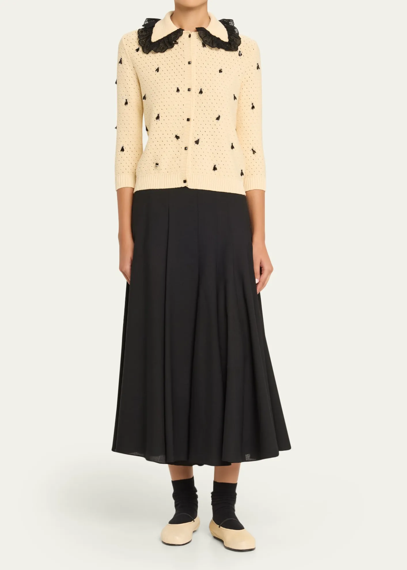 THIS ITEM IS NOT AVAILABLE.Valentino GaravaniPointelle Micro Tassel Ruffled Cardigan