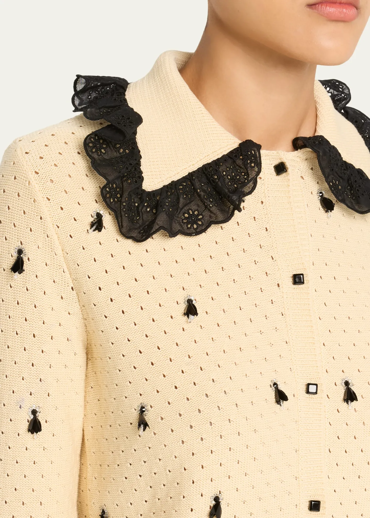 THIS ITEM IS NOT AVAILABLE.Valentino GaravaniPointelle Micro Tassel Ruffled Cardigan
