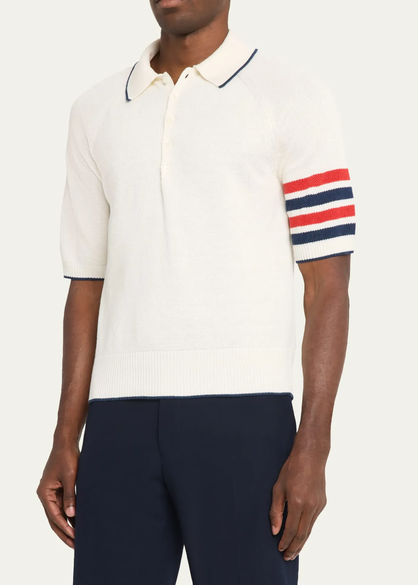 Thom BrowneMen's Linen and Cotton Knit 4-Bar Sleeve Polo Shirt