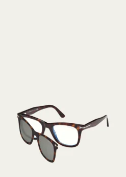 TOM FORDMen's Blue Light-Blocking Square Glasses with Clip-On Lenses