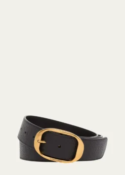 TOM FORDMen's Grained Leather Oval-Buckle Belt