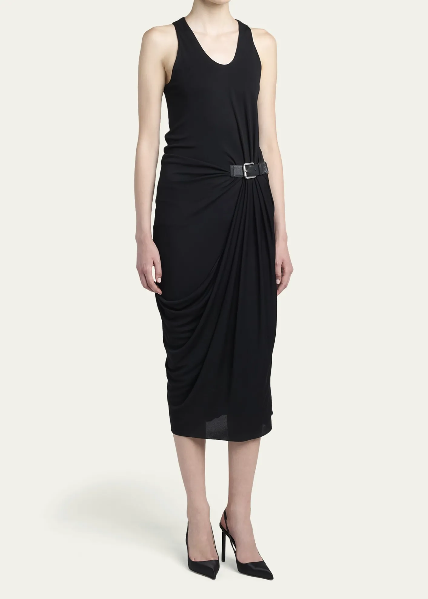 TOM FORDBuckle Gathered Crepe Jersey Sleeveless Midi Dress