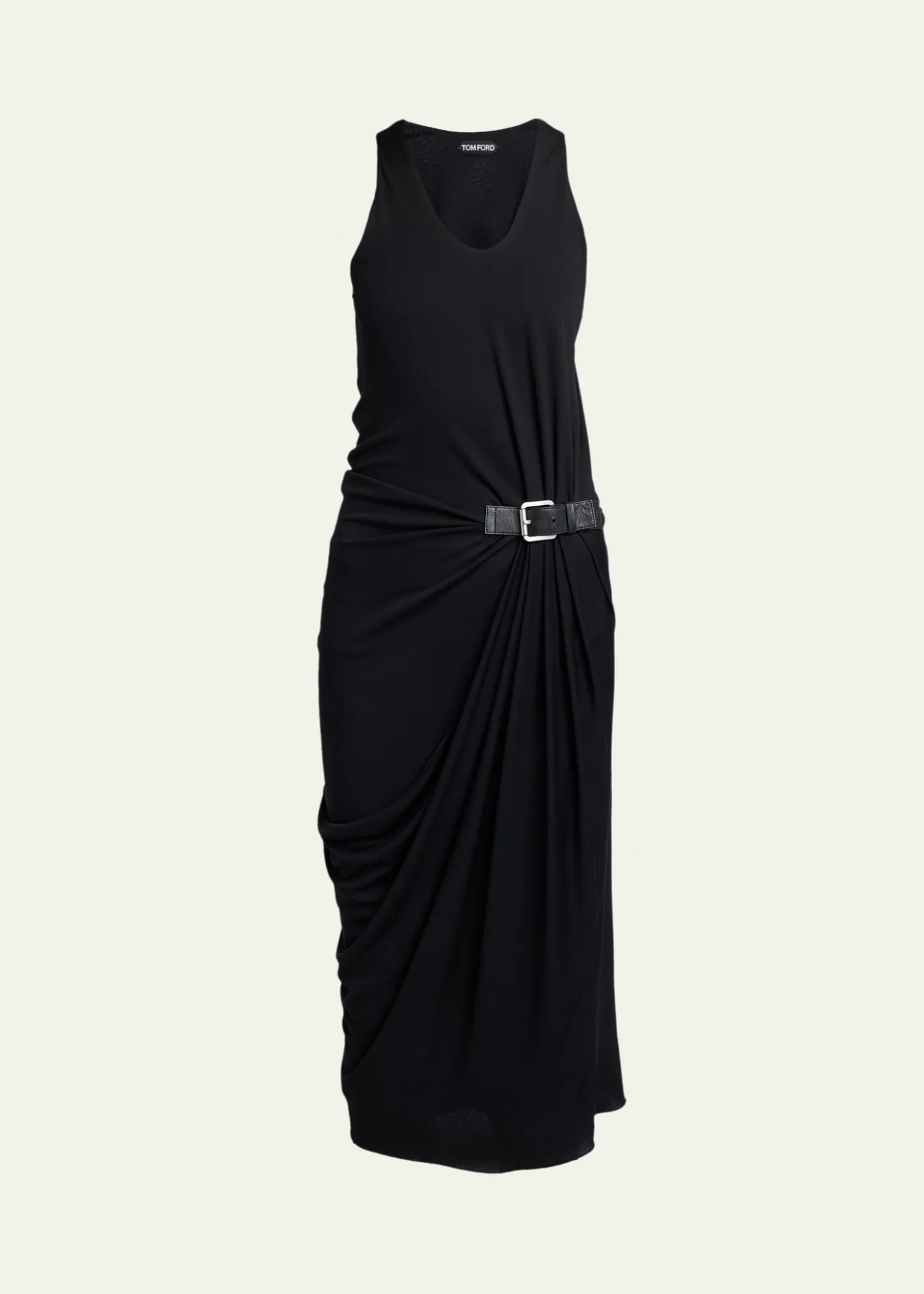 TOM FORDBuckle Gathered Crepe Jersey Sleeveless Midi Dress