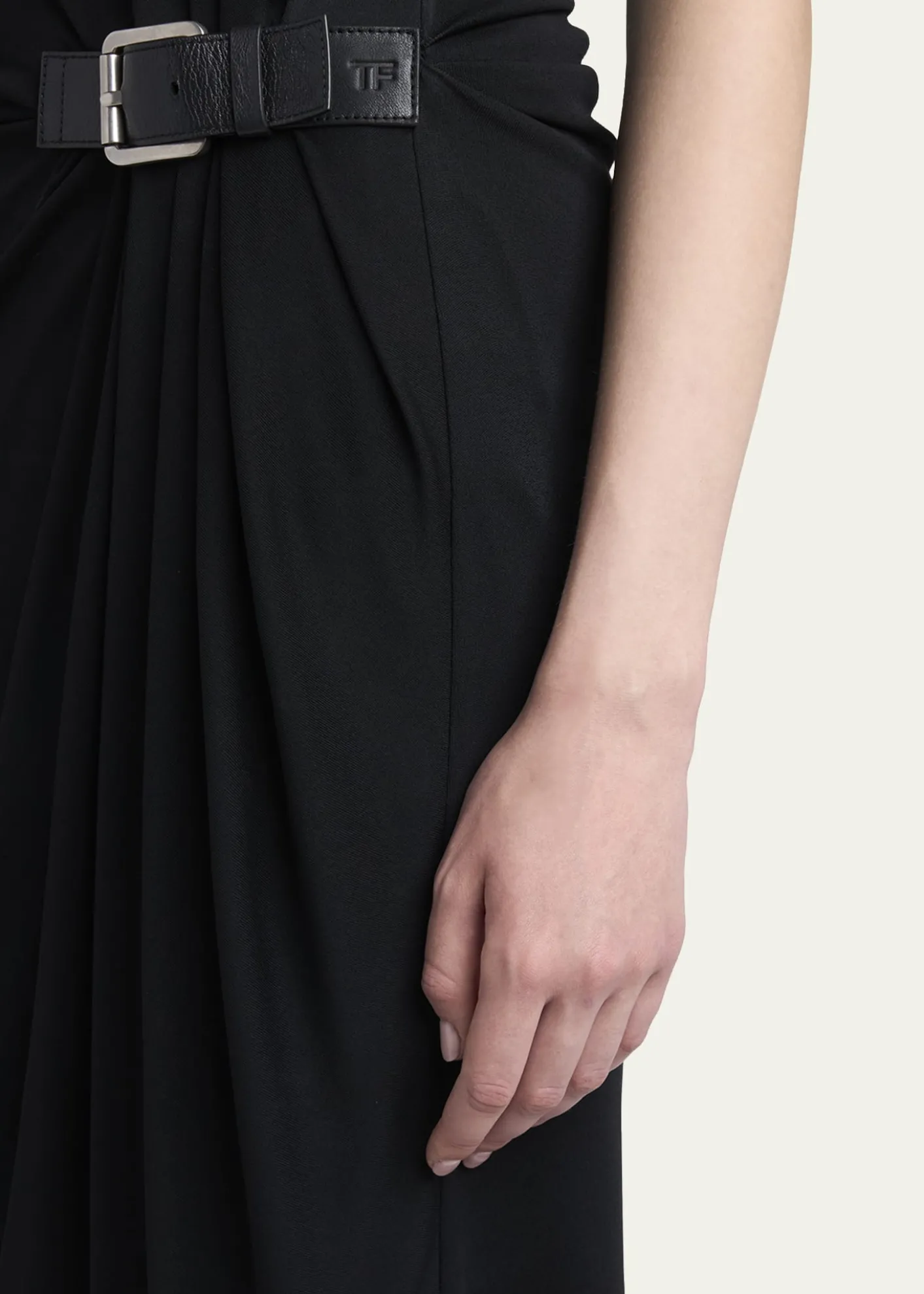 TOM FORDBuckle Gathered Crepe Jersey Sleeveless Midi Dress