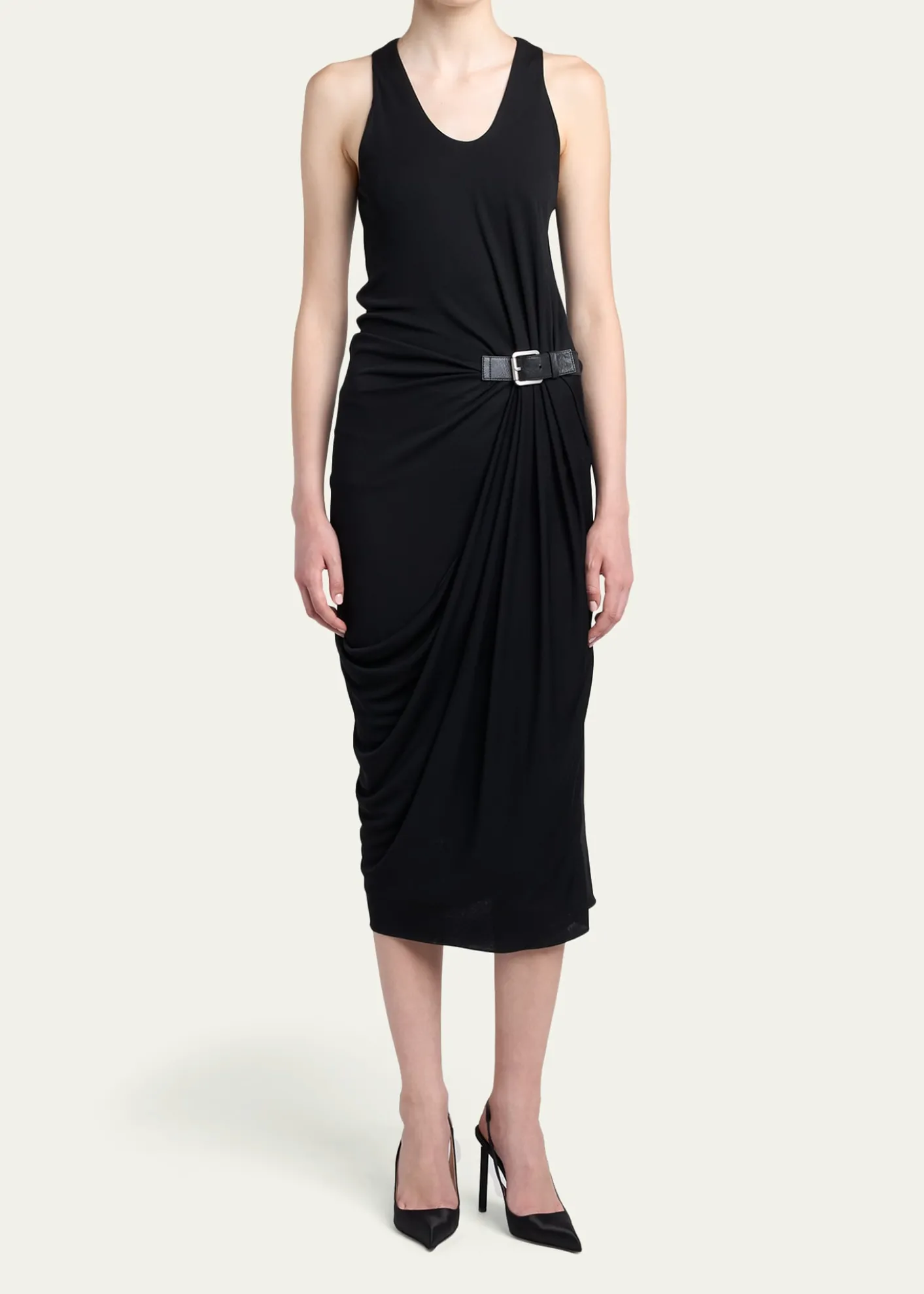 TOM FORDBuckle Gathered Crepe Jersey Sleeveless Midi Dress