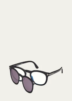 TOM FORDMen's FT5993-BM Round Blue-Block Optical Frames with Magnetic Sunglasses Clip