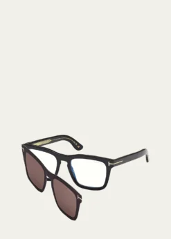 TOM FORDMen's Icon Square Acetate Blue Block Optical Glasses with Clip-On Sunglasses