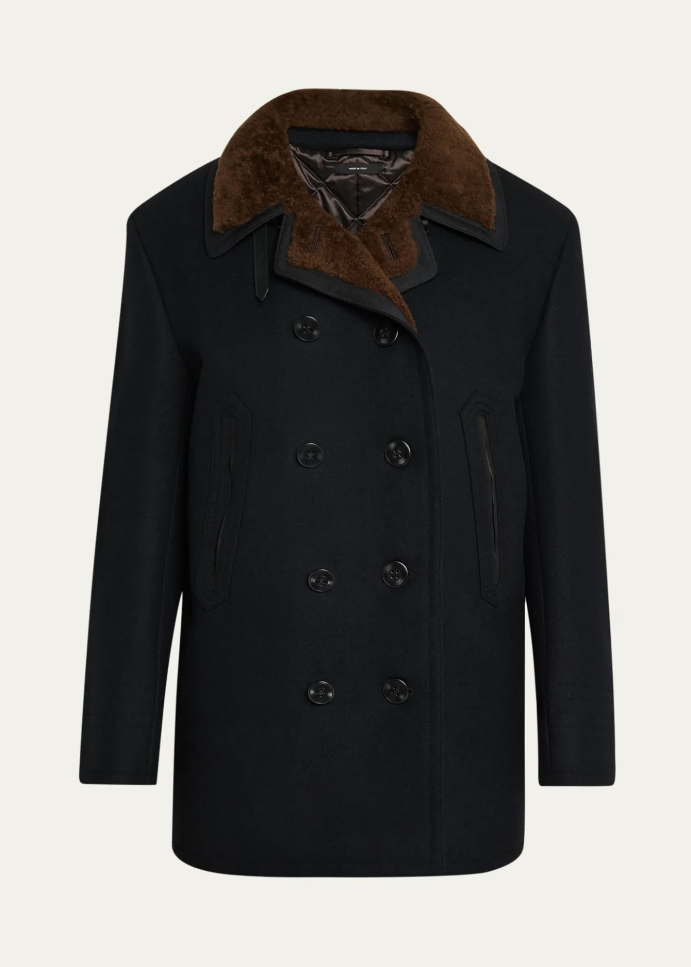 TOM FORDMen's Melton Wool Shearling Double-Breasted Peacoat