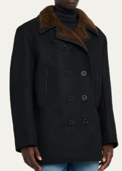 TOM FORDMen's Melton Wool Shearling Double-Breasted Peacoat