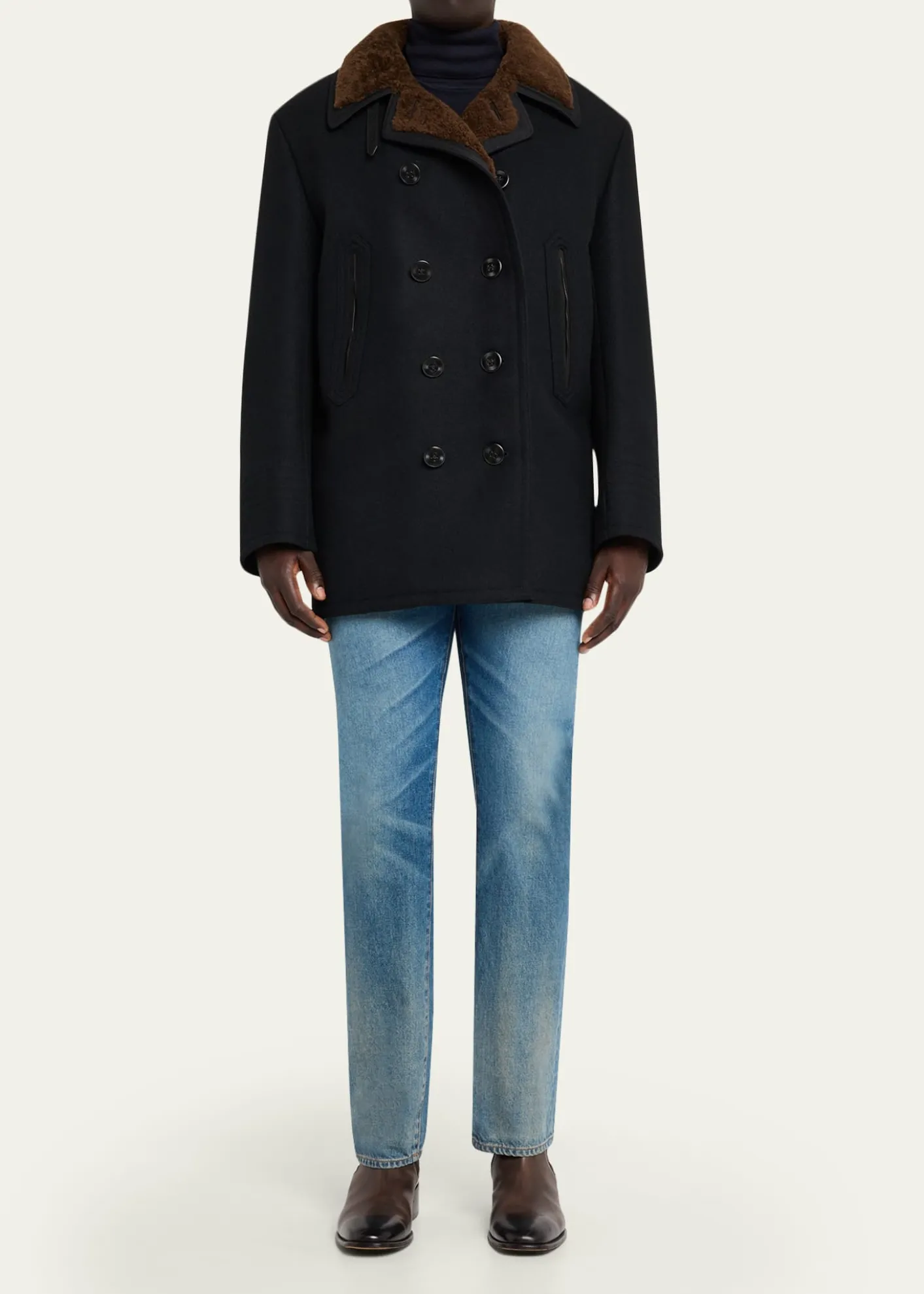 TOM FORDMen's Melton Wool Shearling Double-Breasted Peacoat
