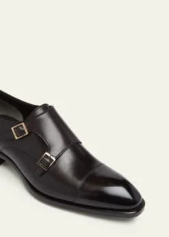 TOM FORDMen's Vincent Burnished Leather Double Monk Strap Loafers