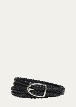 TOM FORDMen's Woven Leather Angled-Buckle Belt