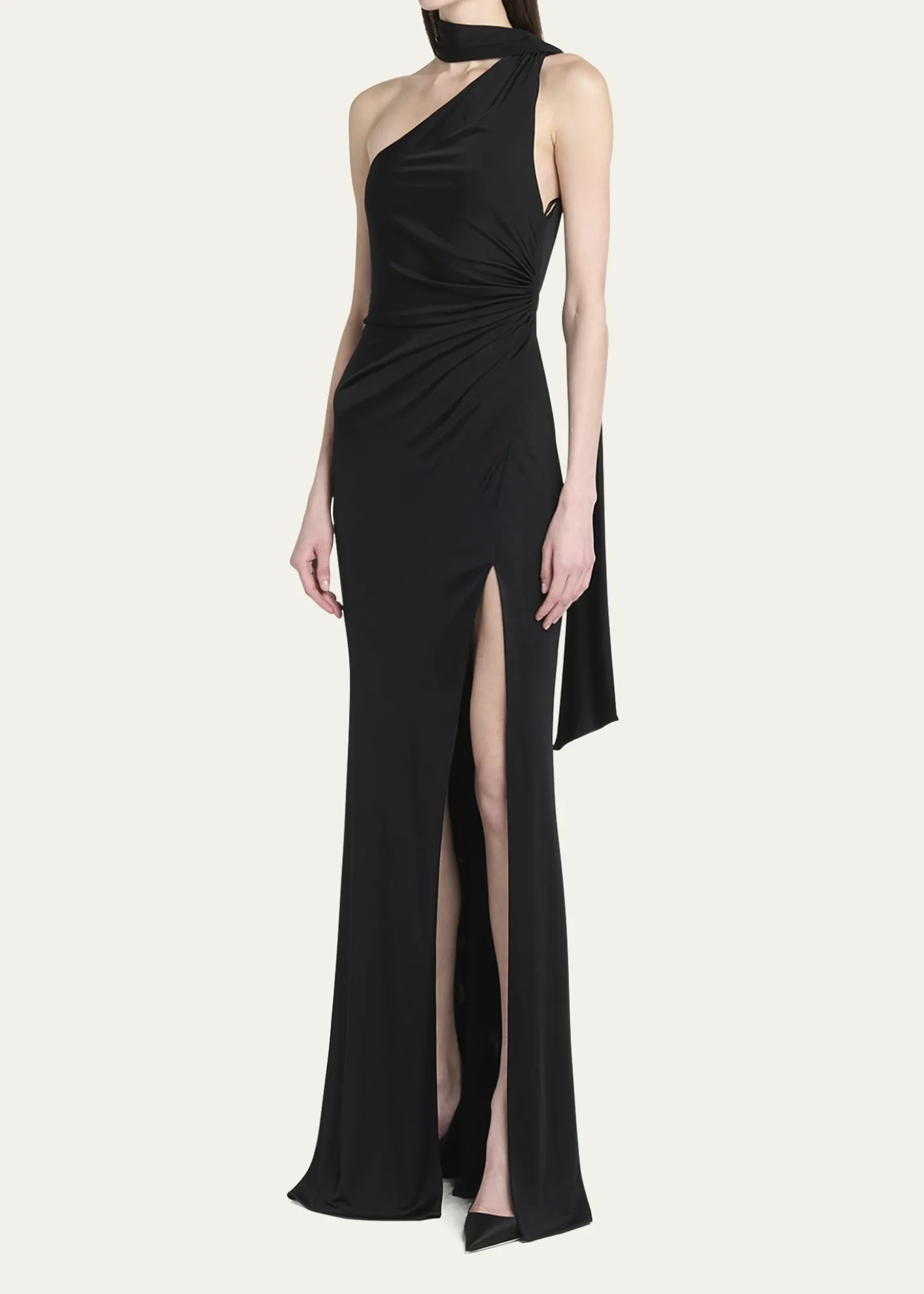 TOM FORDOne-Shoulder Scarf-Neck Ruched Slit Gown