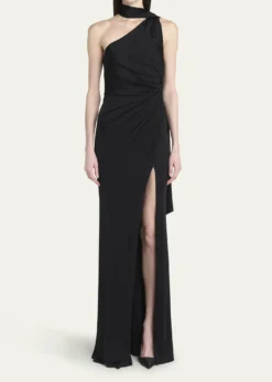 TOM FORDOne-Shoulder Scarf-Neck Ruched Slit Gown