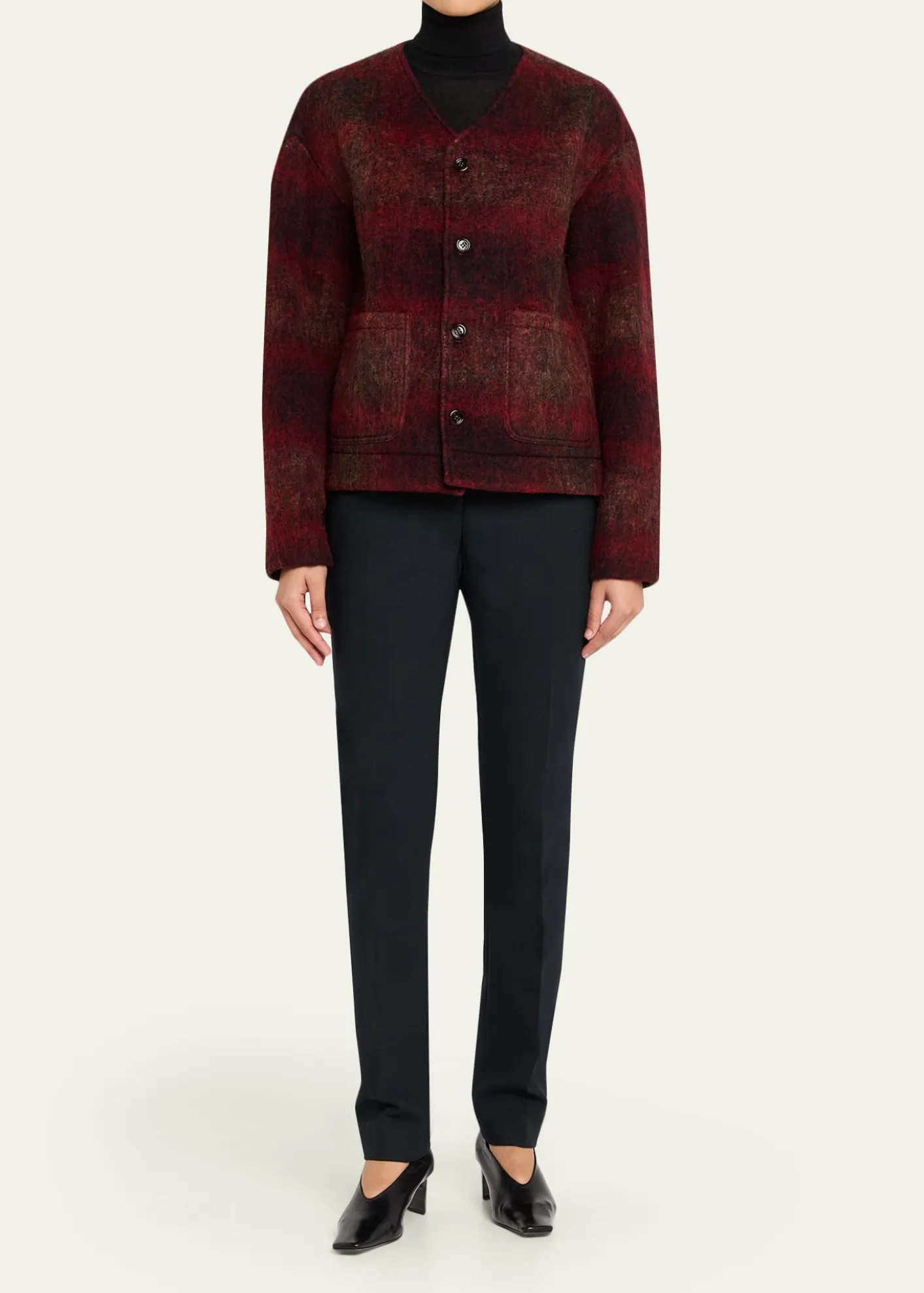 TONYWACKV-Neck Plaid Mohair Jacket