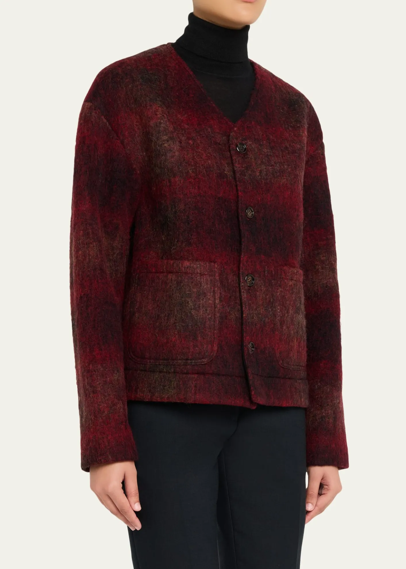 TONYWACKV-Neck Plaid Mohair Jacket