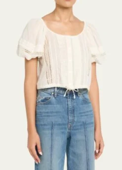 Ulla JohnsonClara Embroidered Short-Sleeve Cotton Blouse