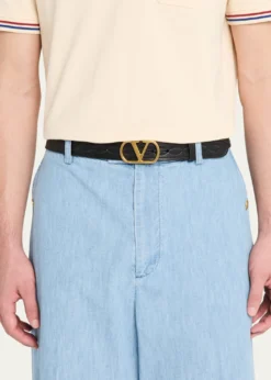 Valentino GaravaniMen's Leather V Logo Buckle Belt