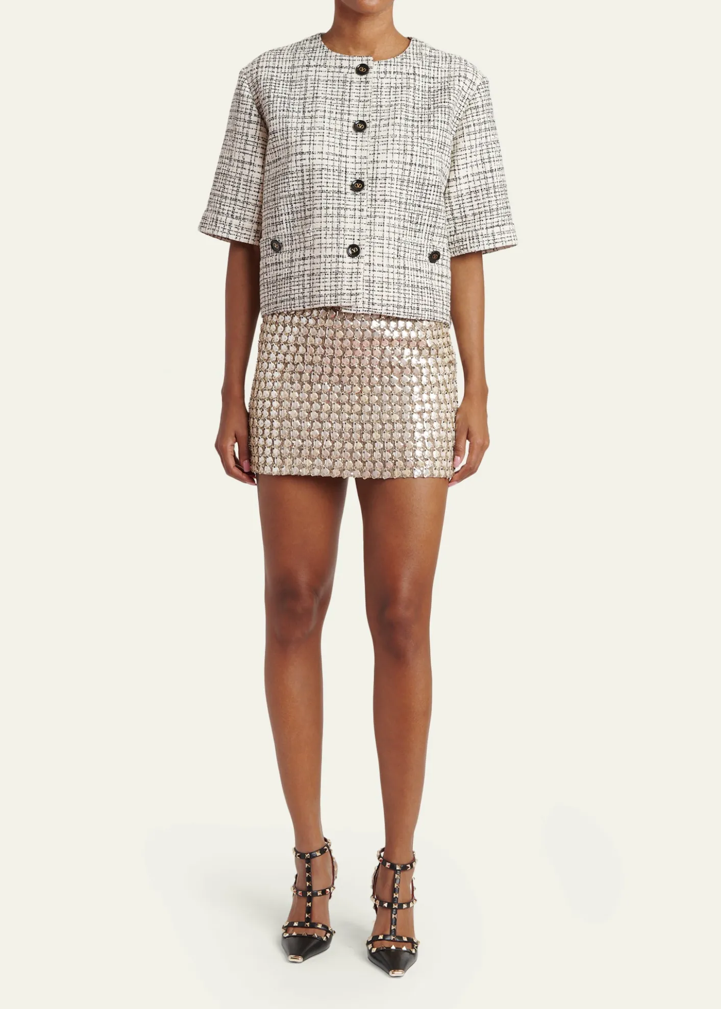 Valentino GaravaniBoxy Tweed Short-Sleeve Jacket