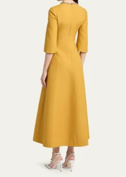Valentino GaravaniCrystal Embroidered Silk-Wool 3/4-Sleeve Midi Dress