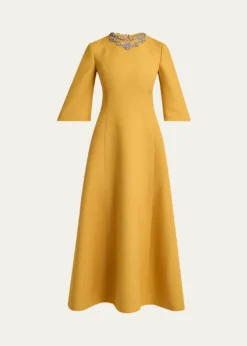 Valentino GaravaniCrystal Embroidered Silk-Wool 3/4-Sleeve Midi Dress