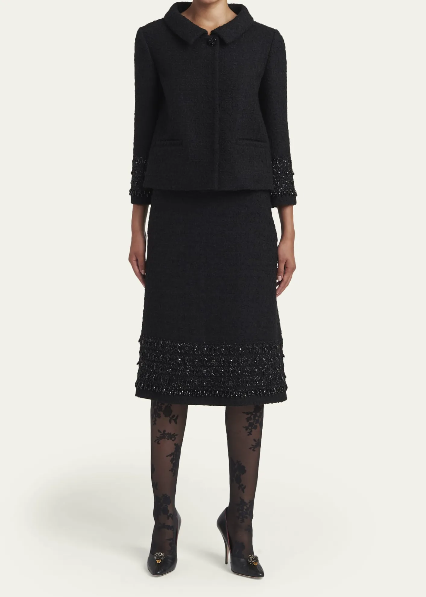 Valentino GaravaniCrystal Embroidered Tweed Single-Breasted Top Coat