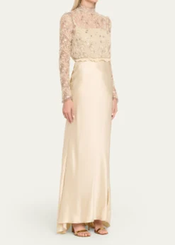 Valentino GaravaniEmbroidered Lace Long-Sleeve Silk Gown