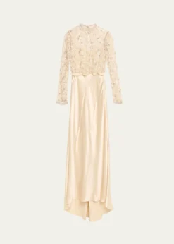 Valentino GaravaniEmbroidered Lace Long-Sleeve Silk Gown