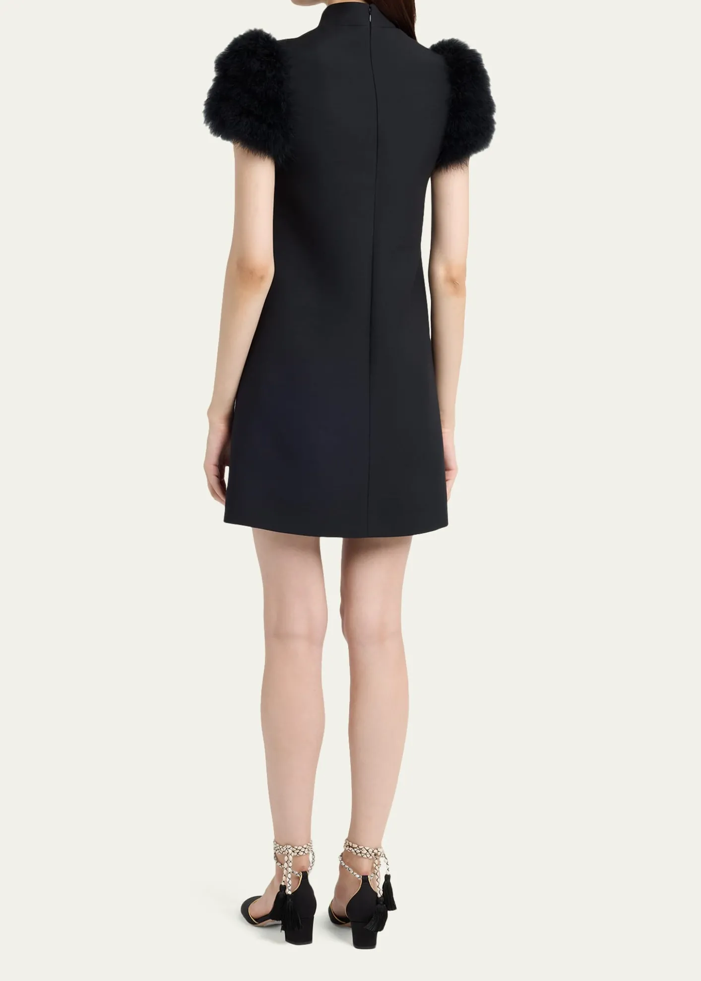 Valentino GaravaniFeather-Sleeve Mock-Neck Mini Dress