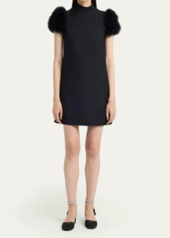 Valentino GaravaniFeather-Sleeve Mock-Neck Mini Dress