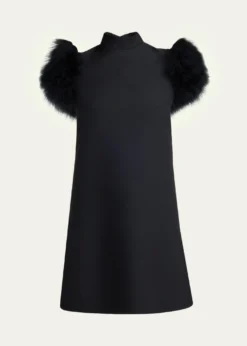 Valentino GaravaniFeather-Sleeve Mock-Neck Mini Dress