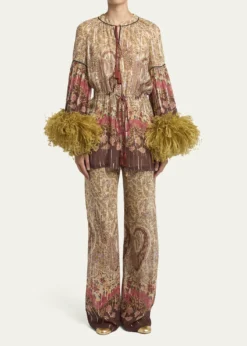Valentino GaravaniFlare-Sleeve Metallic Paisley Silk Top With Feather Trim