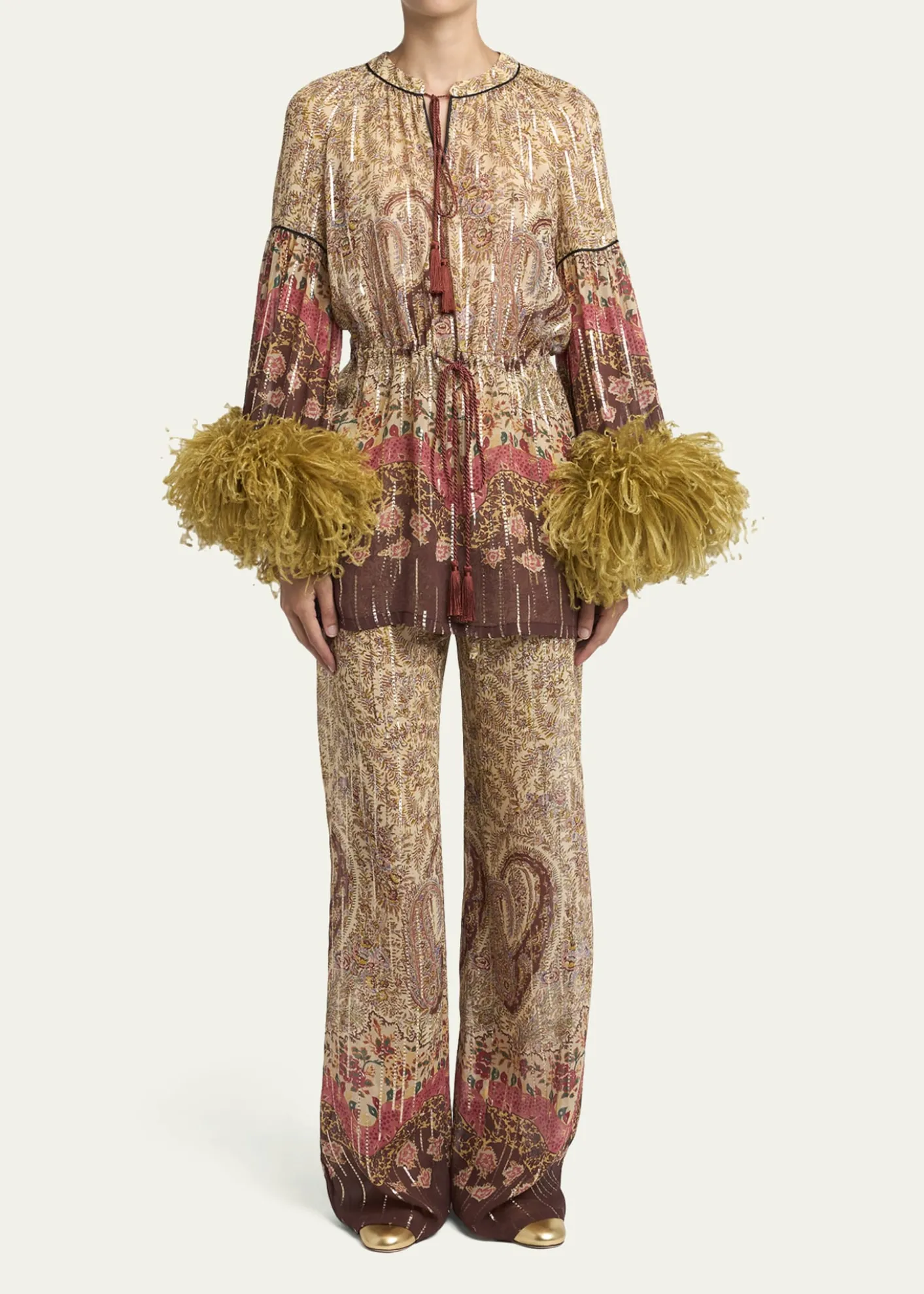 Valentino GaravaniFlare-Sleeve Metallic Paisley Silk Top With Feather Trim