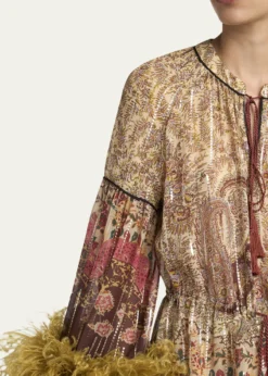 Valentino GaravaniFlare-Sleeve Metallic Paisley Silk Top With Feather Trim