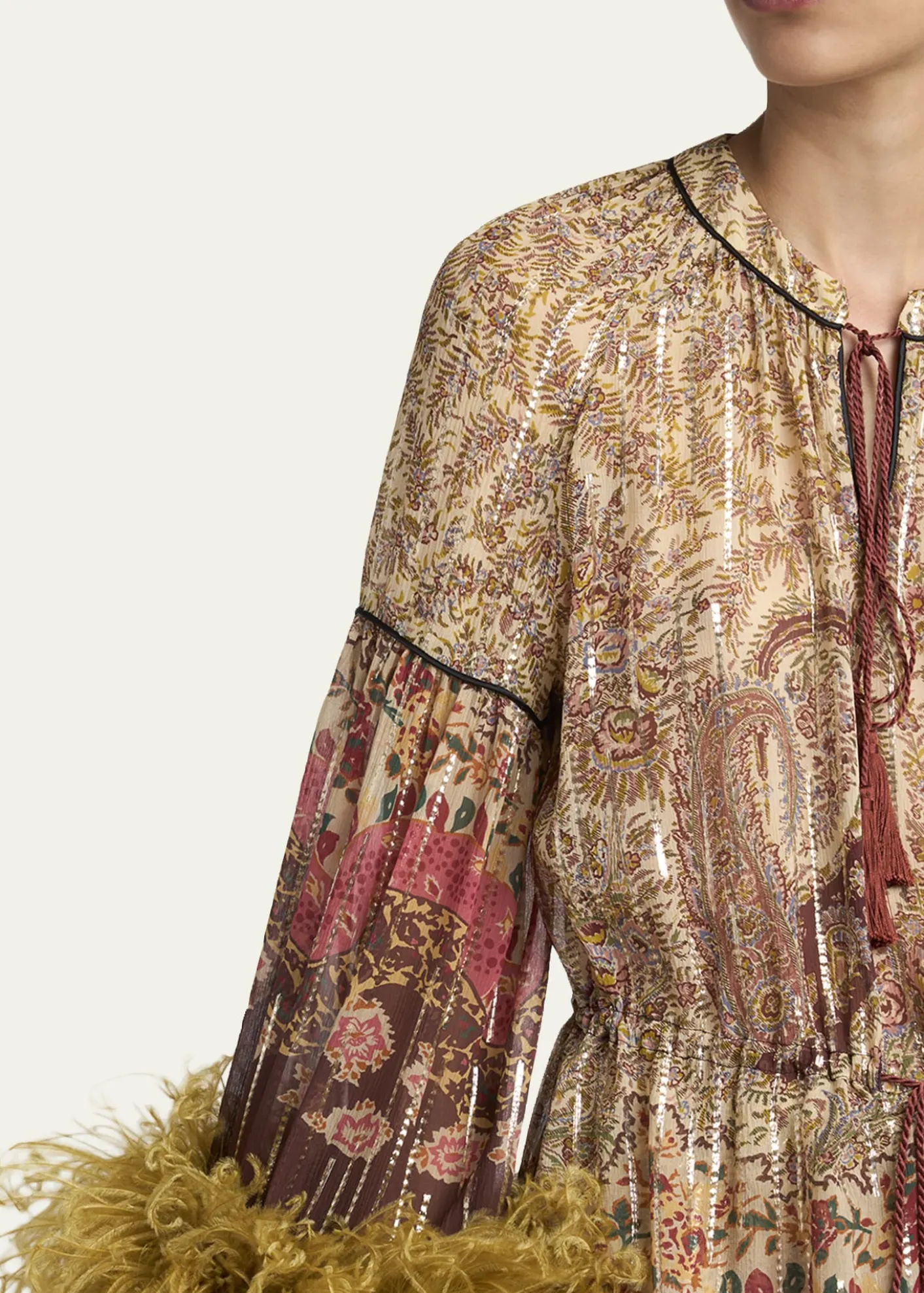 Valentino GaravaniFlare-Sleeve Metallic Paisley Silk Top With Feather Trim