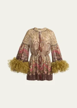 Valentino GaravaniFlare-Sleeve Metallic Paisley Silk Top With Feather Trim