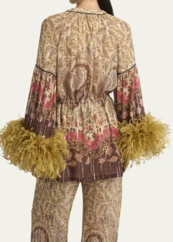 Valentino GaravaniFlare-Sleeve Metallic Paisley Silk Top With Feather Trim