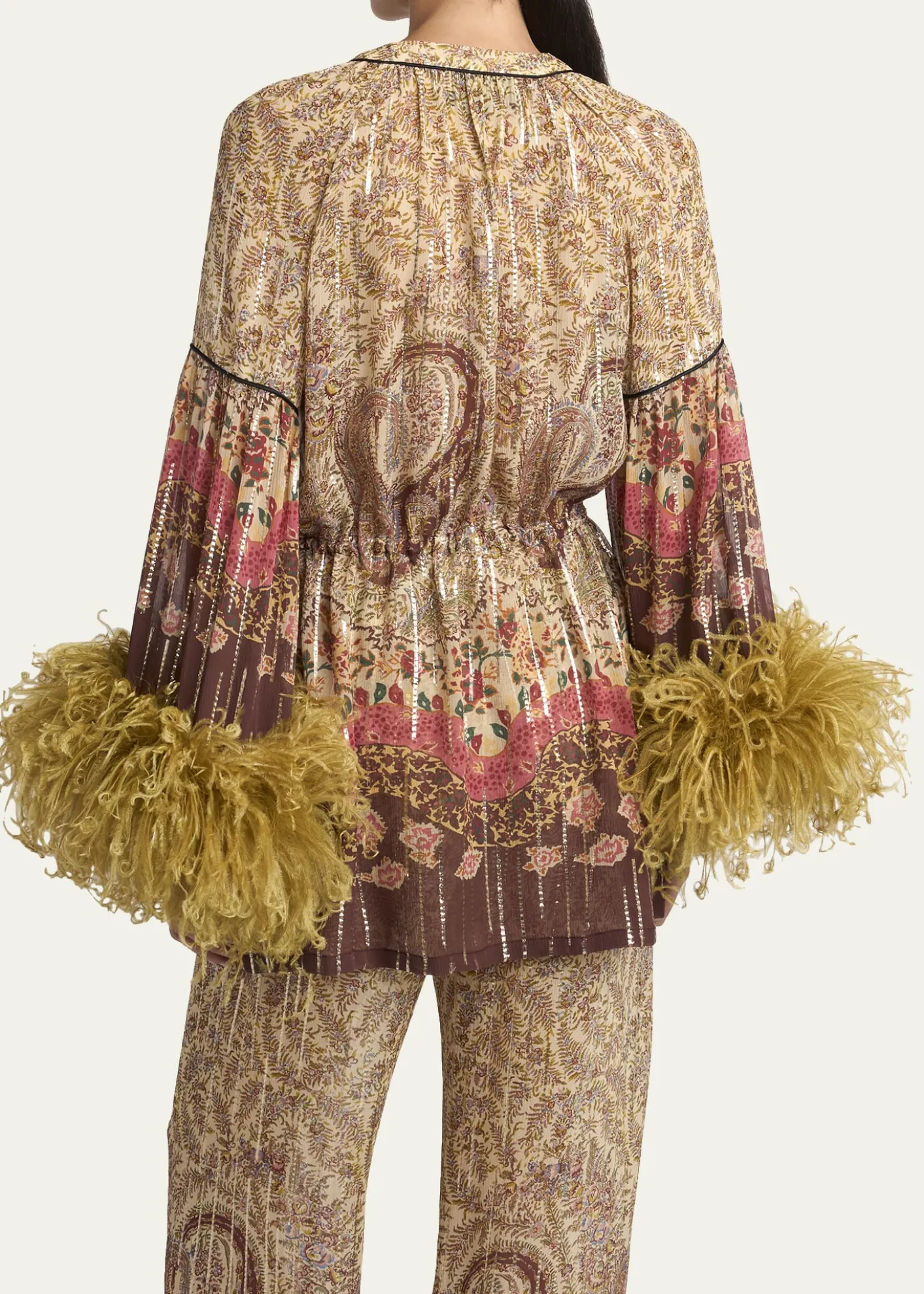 Valentino GaravaniFlare-Sleeve Metallic Paisley Silk Top With Feather Trim