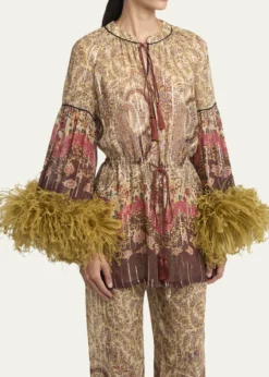 Valentino GaravaniFlare-Sleeve Metallic Paisley Silk Top With Feather Trim