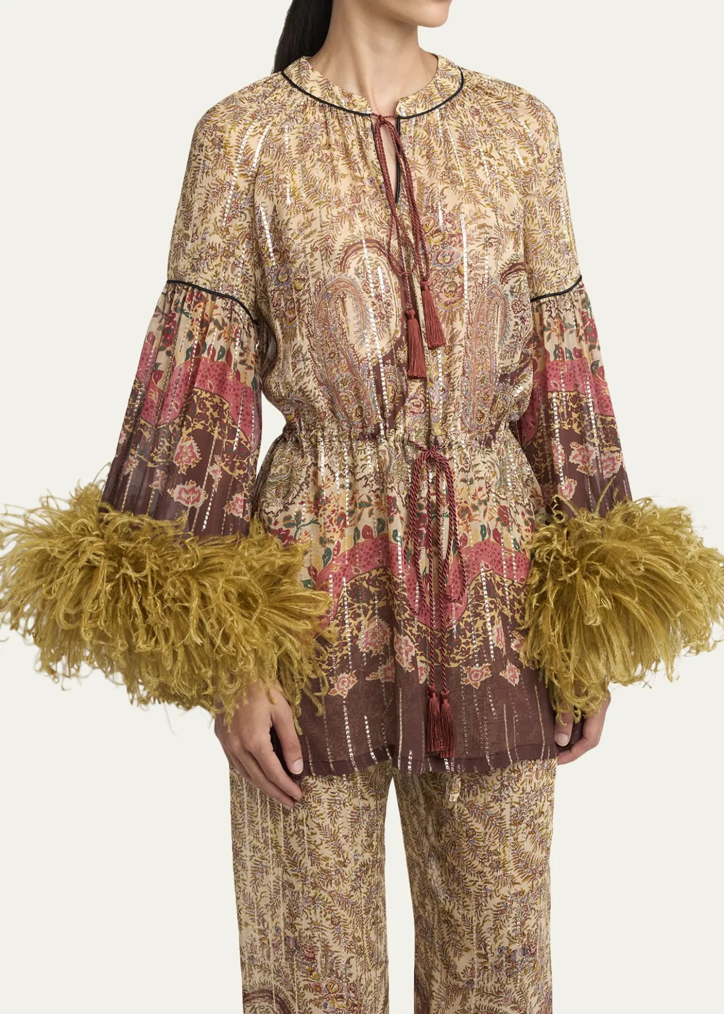 Valentino GaravaniFlare-Sleeve Metallic Paisley Silk Top With Feather Trim