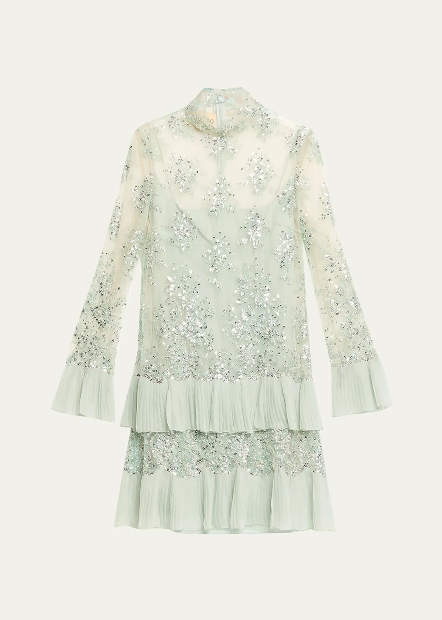 Valentino GaravaniFloral Embroidered Long-Sleeve Ruffle Mini Dress