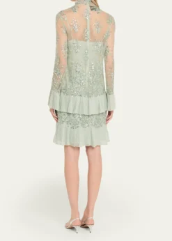 Valentino GaravaniFloral Embroidered Long-Sleeve Ruffle Mini Dress