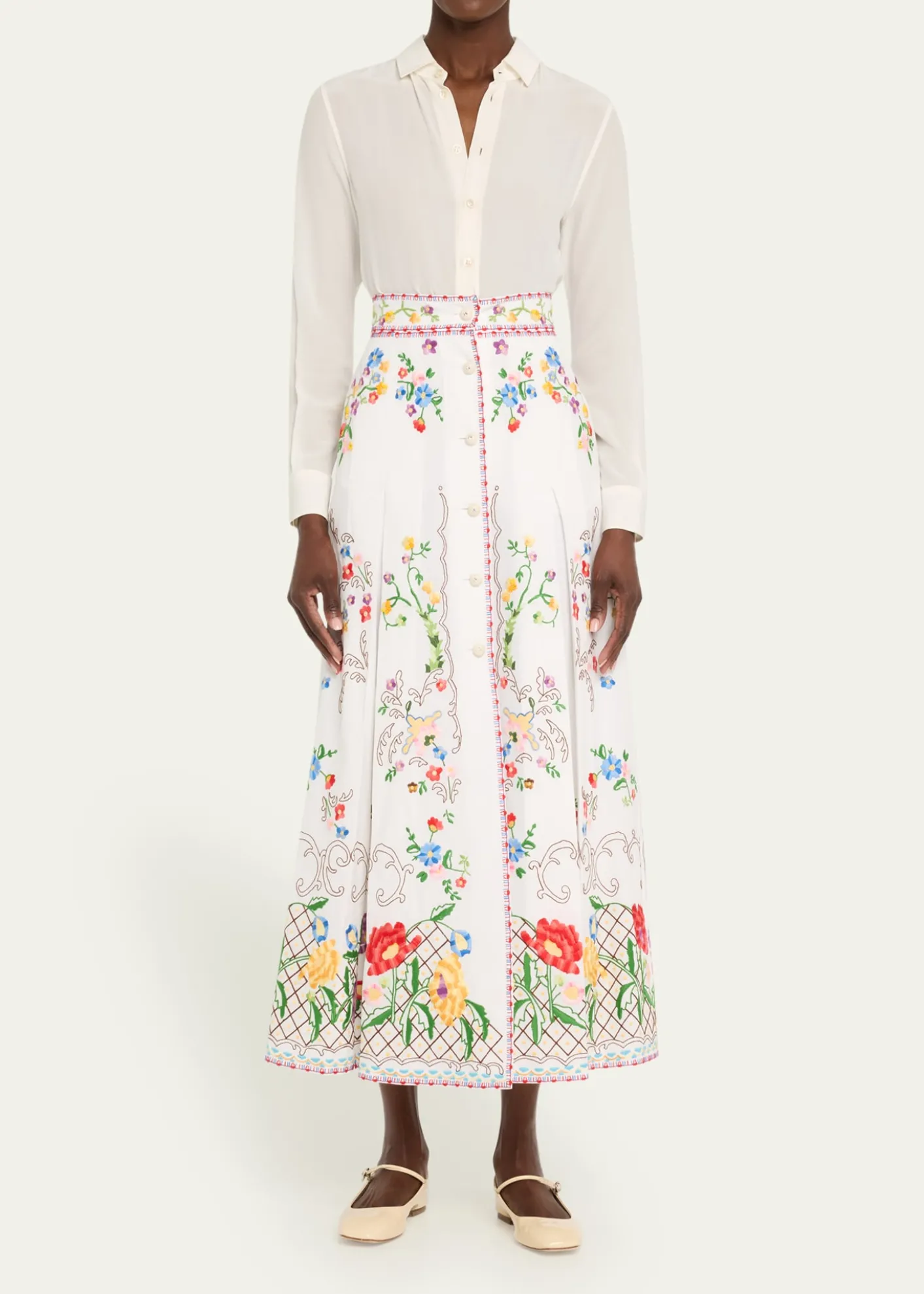 Valentino GaravaniFloral Embroidered Midi Skirt