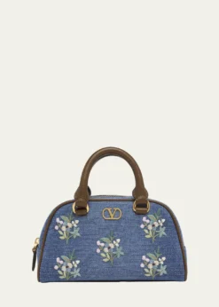 Valentino GaravaniFloral-Embroidered Denim VLogo Top-Handle Bag