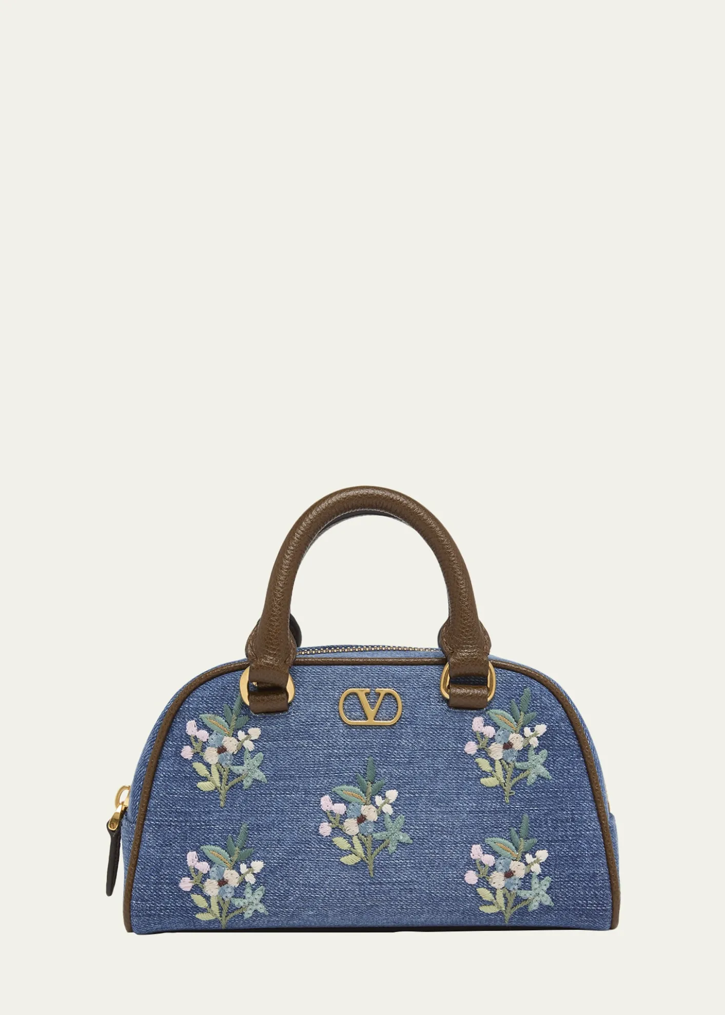 Valentino GaravaniFloral-Embroidered Denim VLogo Top-Handle Bag
